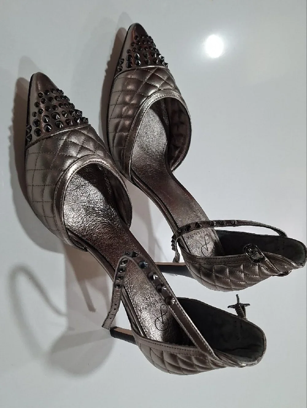 Metallic Quilted Pointed-Toe D'Orsay Heels with Studded Toe